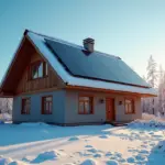 Жилой дом в России с солнечными панелями на крыше на фоне зимнего пейзажа