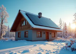 Жилой дом в России с солнечными панелями на крыше на фоне зимнего пейзажа