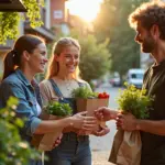 Люди в России дружелюбно обмениваются продуктами бесплатно, символизируя фудшеринг и экономию дома