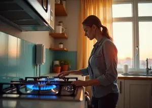 Современная кухня в квартире России с газовой плитой и колонкой, демонстрирующая экономию газа