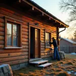 Деревянная дача поздней осенью: люди утепляют окна и трубы, устанавливают солнечный прожектор и запирают ворота, на заднем плане покрытые инвентарь и лёгкий мороз