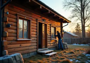Деревянная дача поздней осенью: люди утепляют окна и трубы, устанавливают солнечный прожектор и запирают ворота, на заднем плане покрытые инвентарь и лёгкий мороз