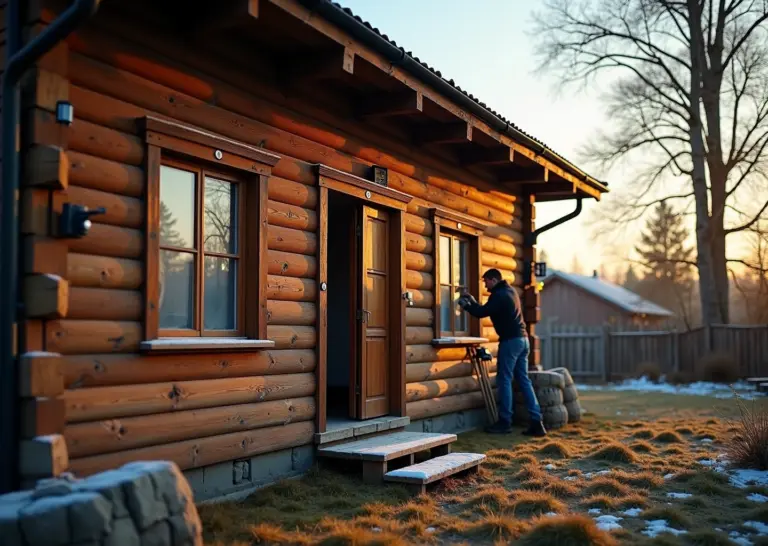 Деревянная дача поздней осенью: люди утепляют окна и трубы, устанавливают солнечный прожектор и запирают ворота, на заднем плане покрытые инвентарь и лёгкий мороз