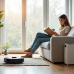 Современная светлая квартира: робот‑пылесос и пароочиститель работают на чистом полу, человек отдыхает на диване.