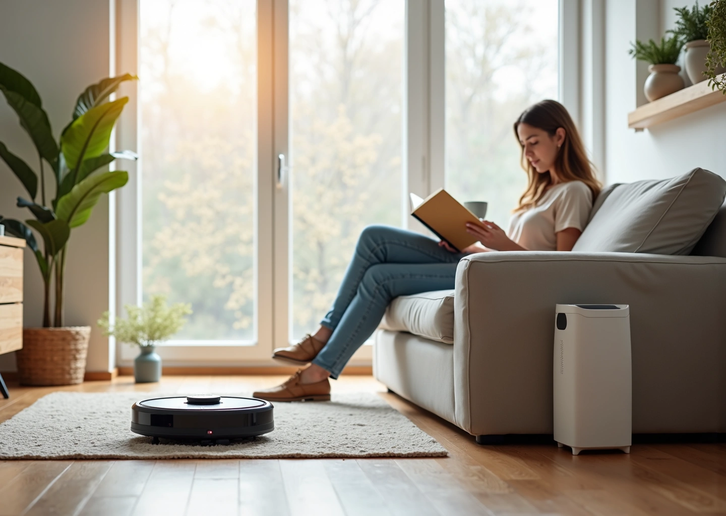 Современная светлая квартира: робот‑пылесос и пароочиститель работают на чистом полу, человек отдыхает на диване.