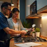 Техник проверяет газовое оборудование в кухне, хозяин держит документы