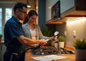 Техник проверяет газовое оборудование в кухне, хозяин держит документы