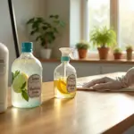 Светлая кухня: человек протирает стол микрофиброй, на столе стеклянные бутылки с самодельными средствами, ведро с отжимом и бочка для дождевой воды у окна