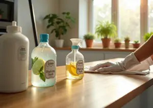 Светлая кухня: человек протирает стол микрофиброй, на столе стеклянные бутылки с самодельными средствами, ведро с отжимом и бочка для дождевой воды у окна