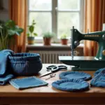 Стол с разложенными старым джинсами, инструментами и готовыми джинсовыми изделиями в уютной квартире