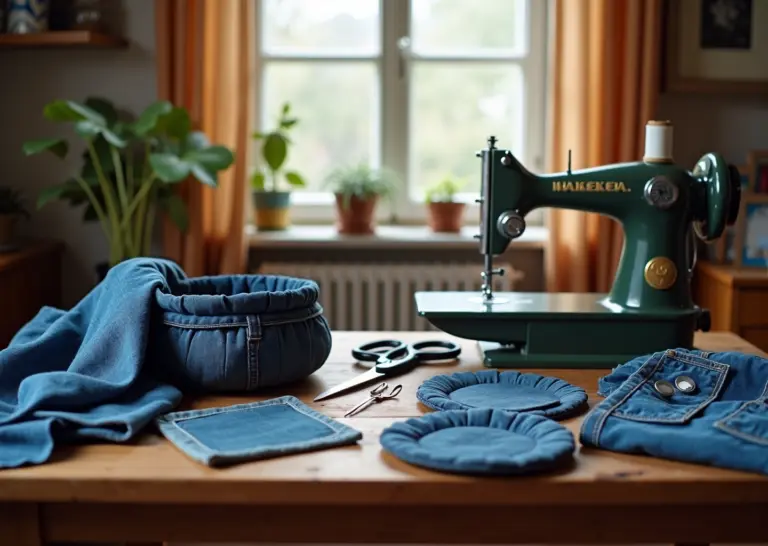 Стол с разложенными старым джинсами, инструментами и готовыми джинсовыми изделиями в уютной квартире