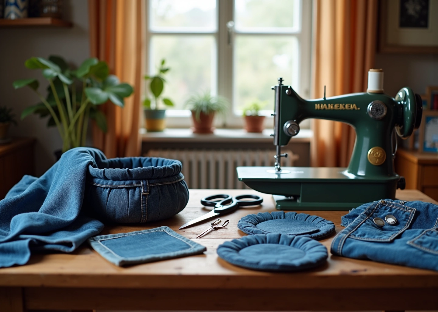 Стол с разложенными старым джинсами, инструментами и готовыми джинсовыми изделиями в уютной квартире