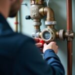 Техник проверяет бытовой водосчётчик в квартире: видны пломба, протокол и инструменты для поверки