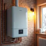 Современный настенный конденсационный газовый котёл в подсобке частного дома с умным термостатом и изолированными трубами