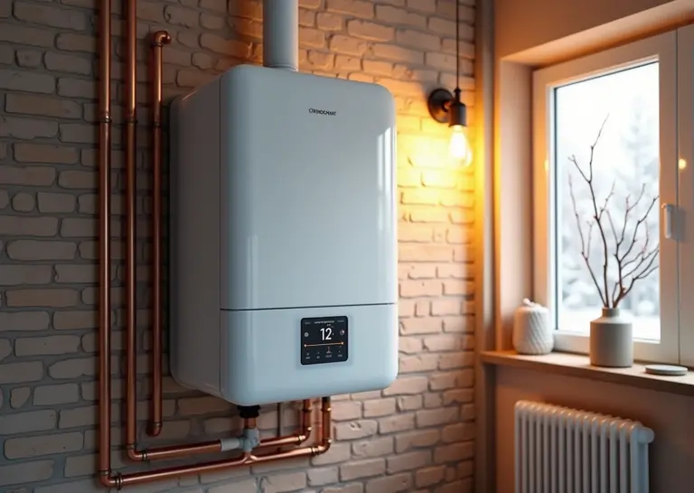 Современный настенный конденсационный газовый котёл в подсобке частного дома с умным термостатом и изолированными трубами