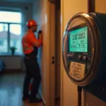 Электрик устанавливает современный двухтарифный электросчётчик в квартире на фоне счёта и значков день/ночь