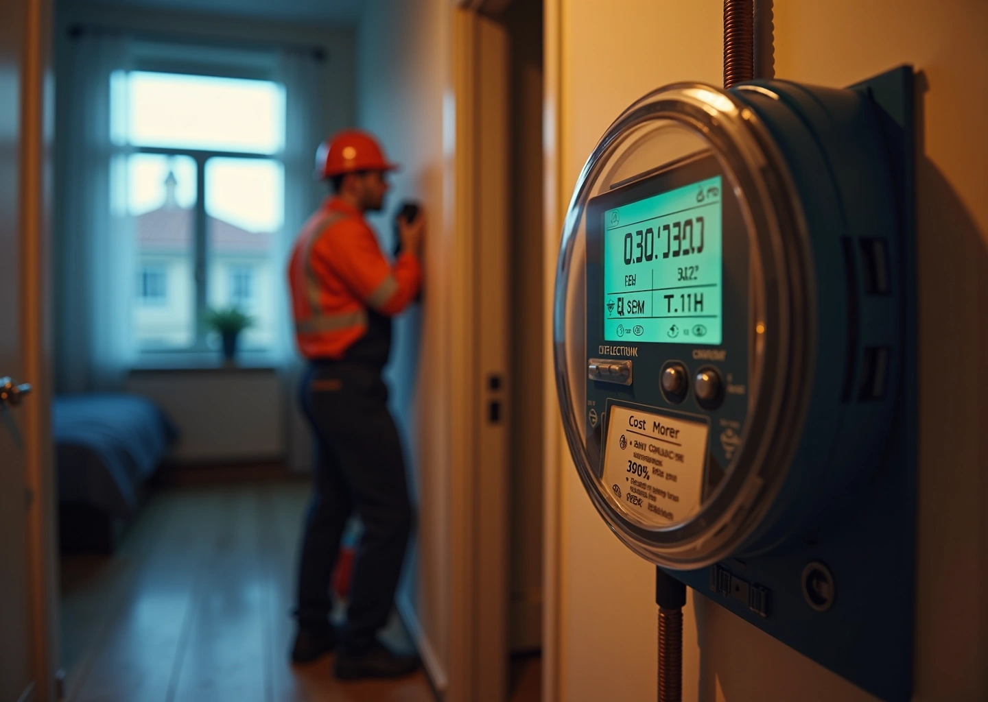 Электрик устанавливает современный двухтарифный электросчётчик в квартире на фоне счёта и значков день/ночь