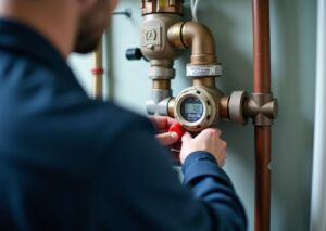 Техник проверяет бытовой водосчётчик в квартире: видны пломба, протокол и инструменты для поверки