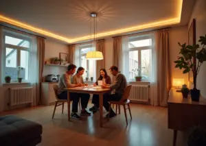 Современный интерьер российского дома с энергосберегающим освещением, термостатами на радиаторах, водосберегающими кранами и семьей, обсуждающей коммунальные счета