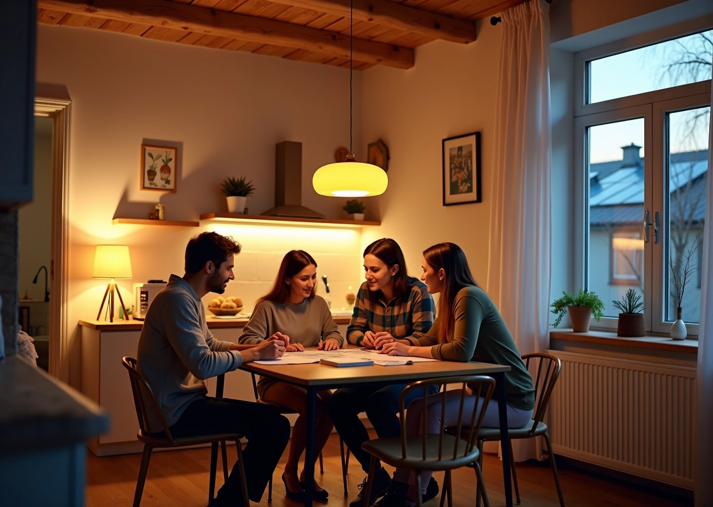 Интерьер русского дома с энергосберегающим освещением, современными окнами, термостатом, экономичными сантехническими приборами и семьей, совещающейся по счетам за коммунальные услуги