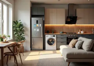 Современный интерьер дома с бытовой техникой и обозначениями классов энергоэффективности A+, A++, A+++