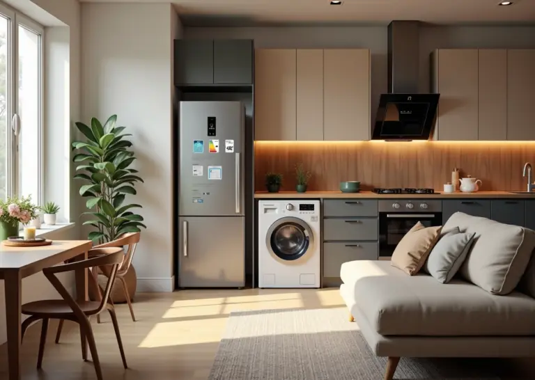 Современный интерьер дома с бытовой техникой и обозначениями классов энергоэффективности A+, A++, A+++