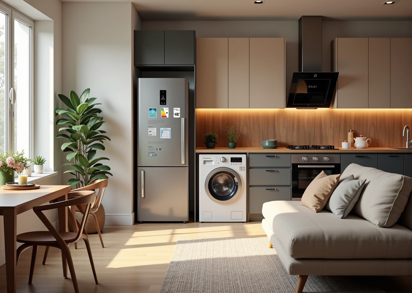 Современный интерьер дома с бытовой техникой и обозначениями классов энергоэффективности A+, A++, A+++