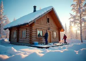 российский дом зимой с видимыми слоями утеплителя на стенах крыше и фундаменте и инструментами для самостоятельной работы по утеплению