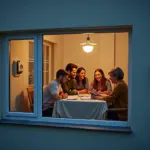 Жилой дом с приборами учёта и семья обсуждает коммунальные счета