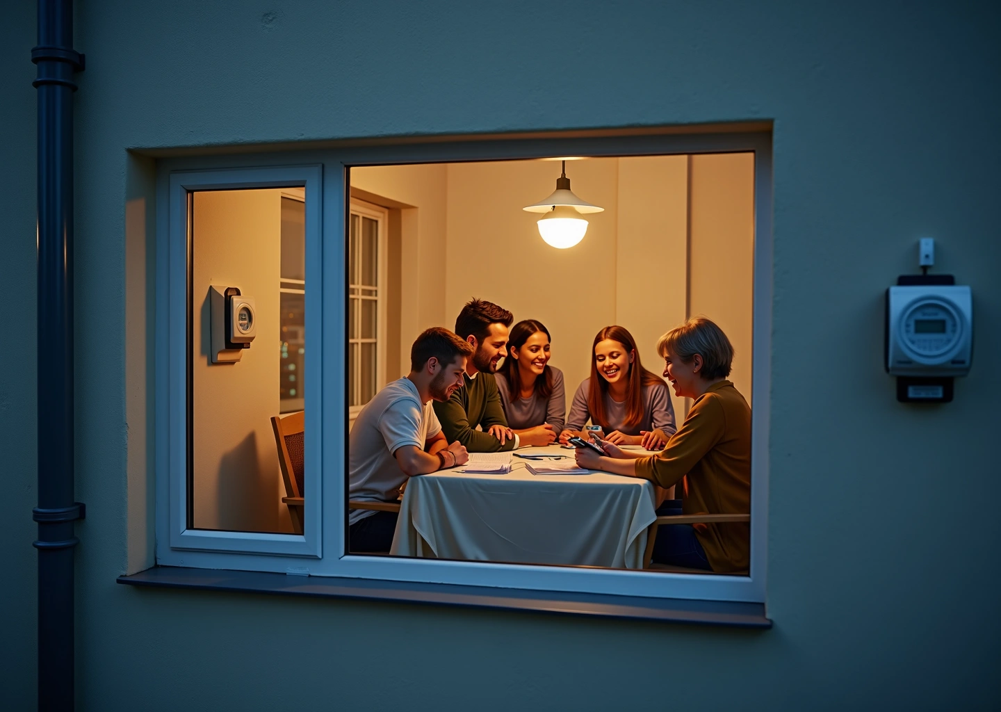 Жилой дом с приборами учёта и семья обсуждает коммунальные счета